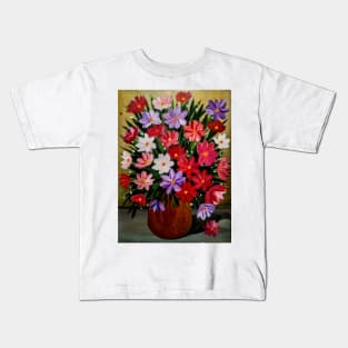 A beautiful bouquet of mixed flowers in a gold vase Kids T-Shirt